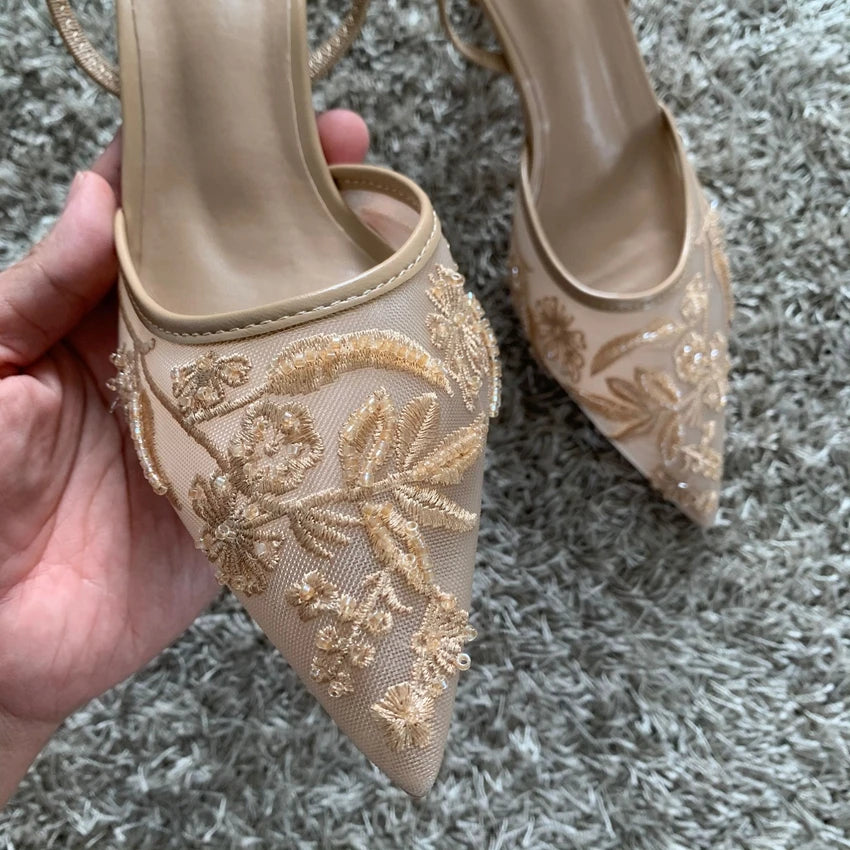 Mesh Embroidered  High Heels