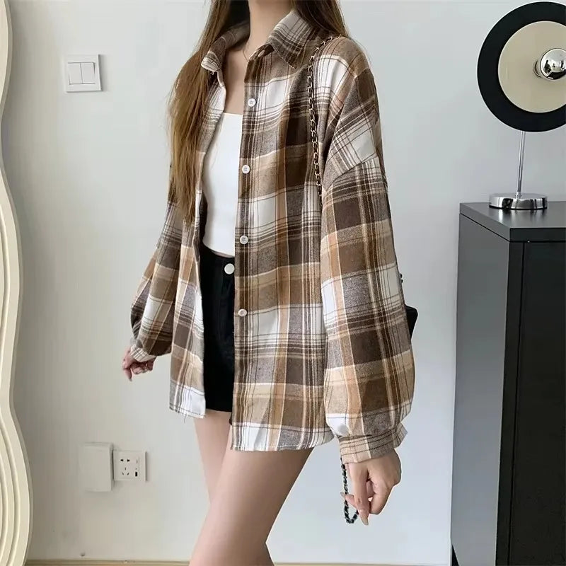 Long Sleeve Top Female Vintage Single Breasted Blouse