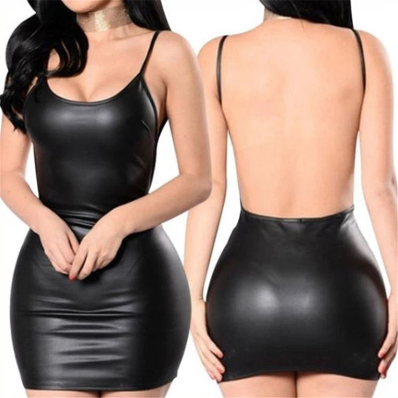 Sexy Faux Leather Dress Backless